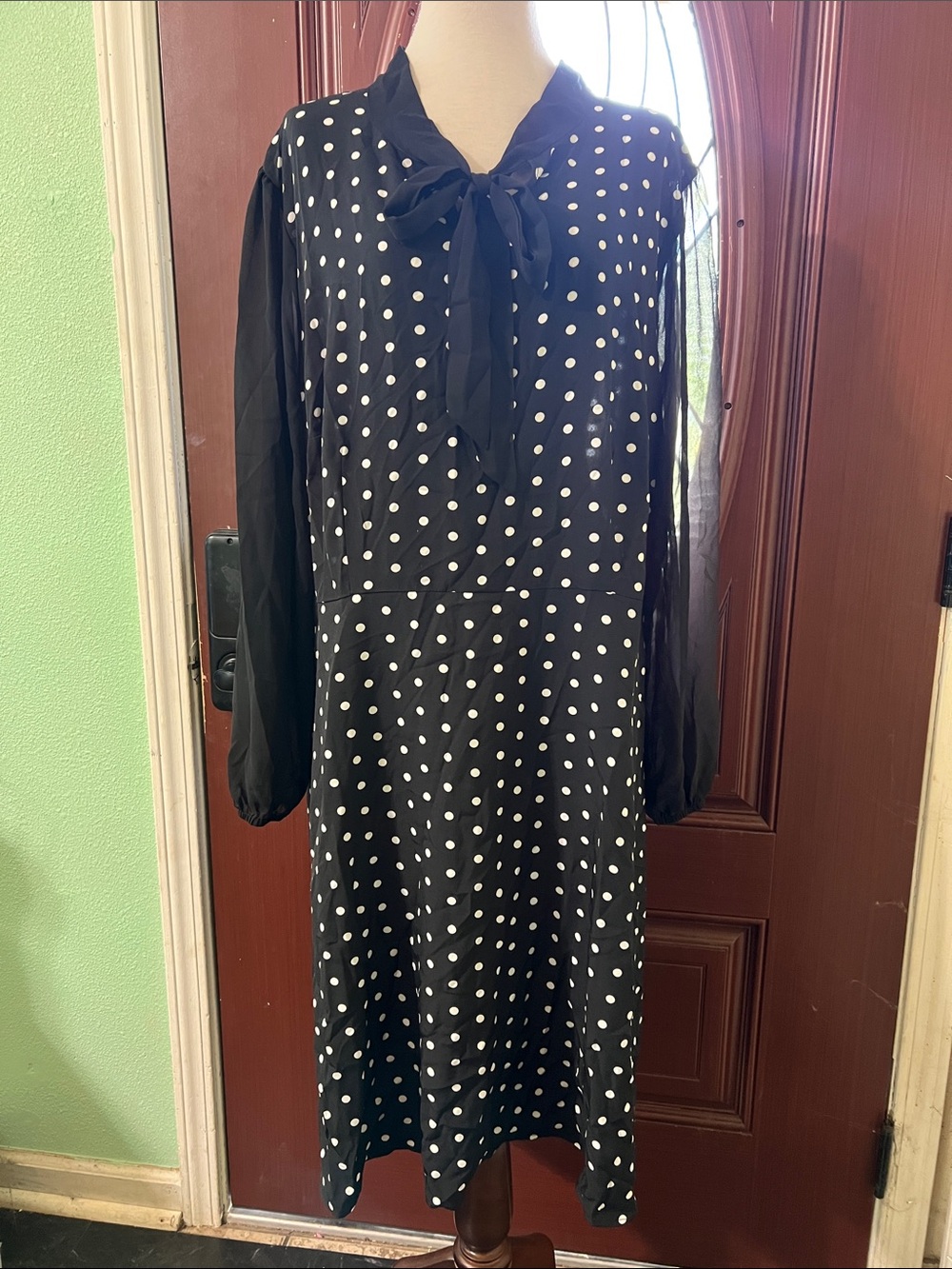 Black Polka Dot Tie-Neck Long Sleeve Dress